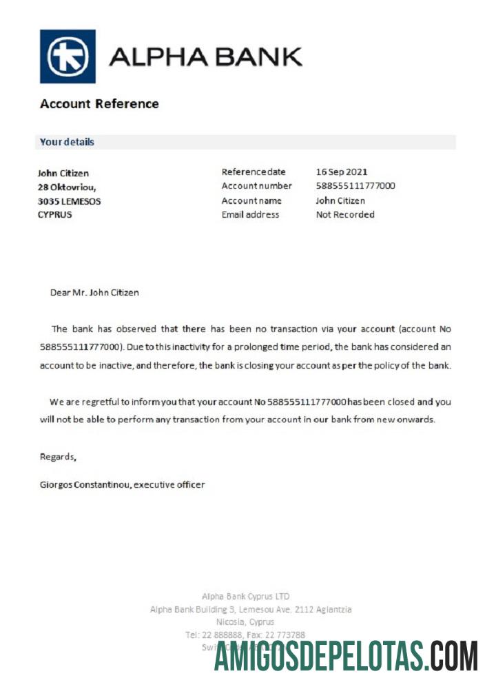 Referência de encerramento do Chipre Alpha Bank baixar para verificação